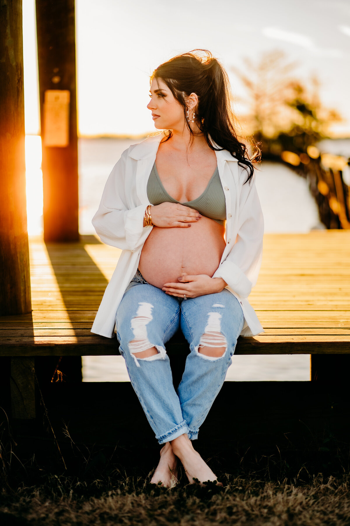 candid, casual, exposed belly pregnancy photo at sunset in lake peigneur, la