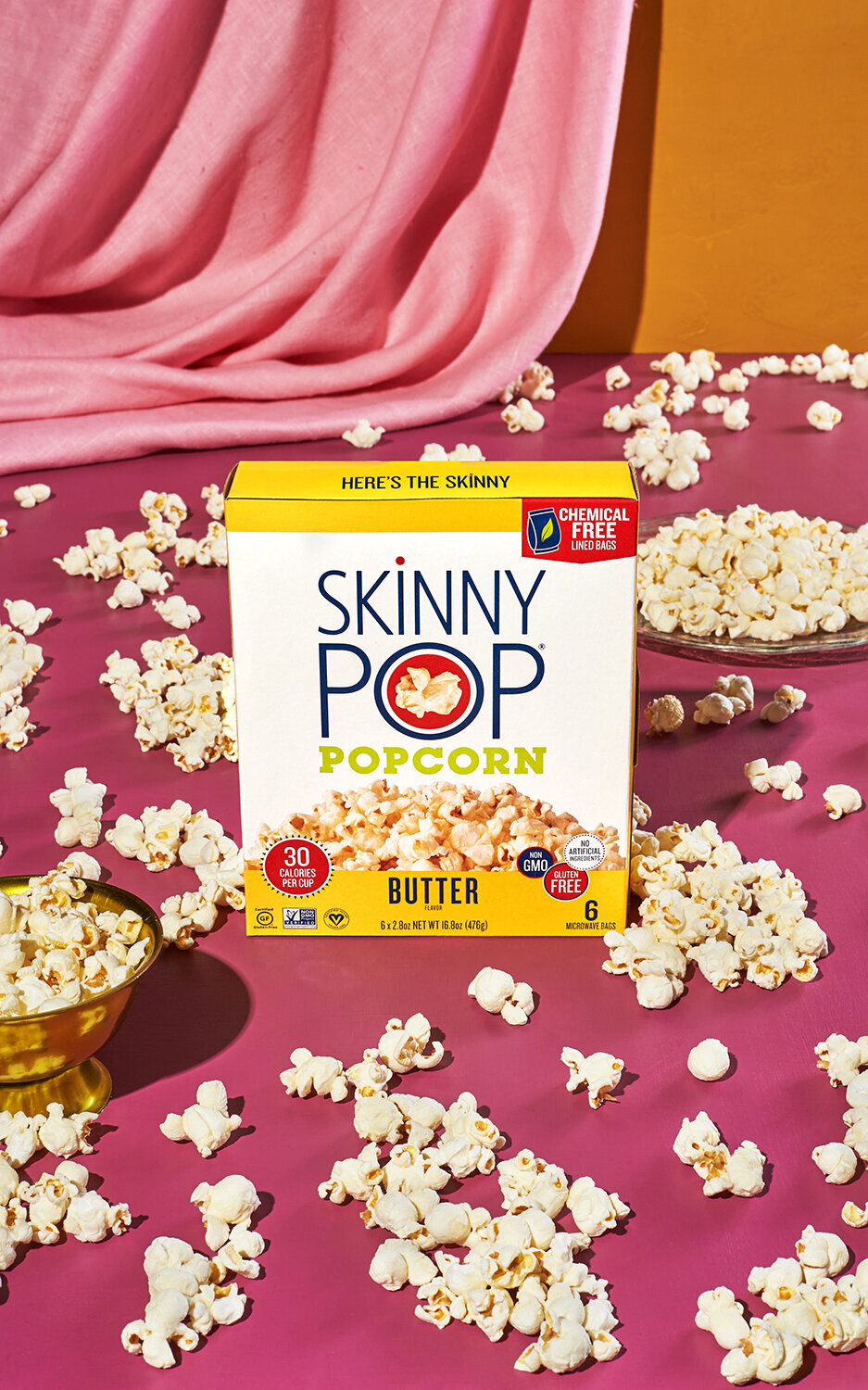 skinnypop popcorn with microwavable bags product photography