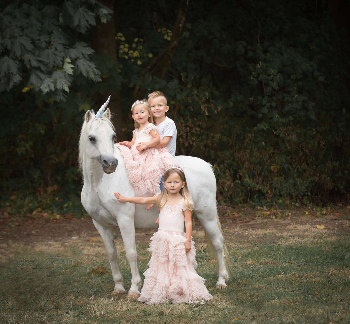 Gorgeous horse unicorn with siblings in Dollcake dresses
