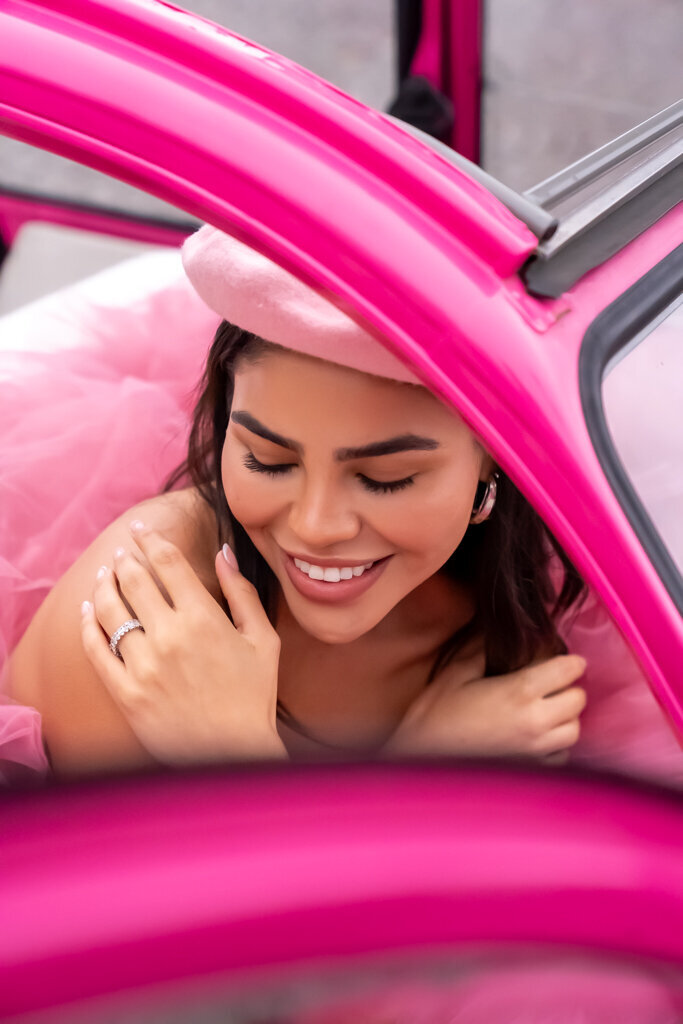 Close up portrait photography in Paris featuring woman wearing pink beret