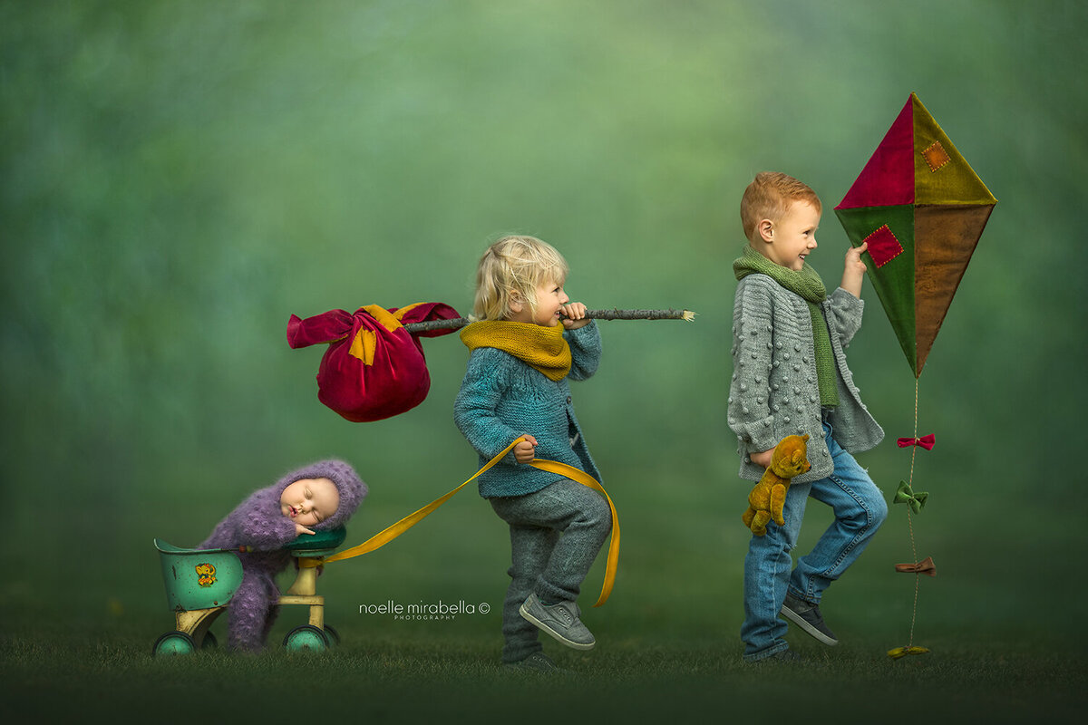 Children marching in a line with vintage toys.