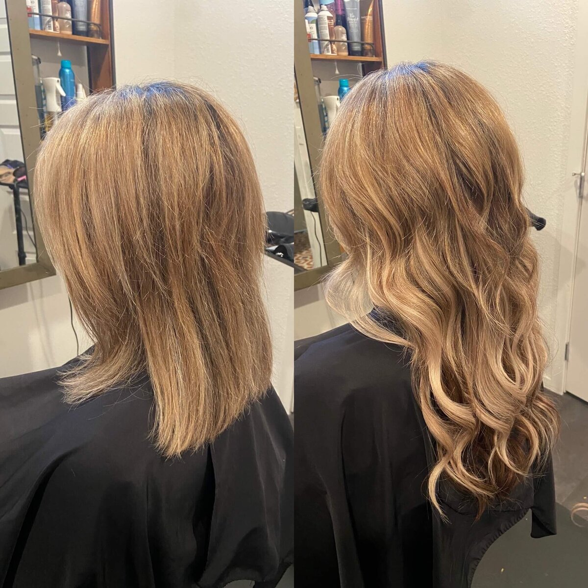 Hair extensions before and after transformation representing natural looking results with increased length.