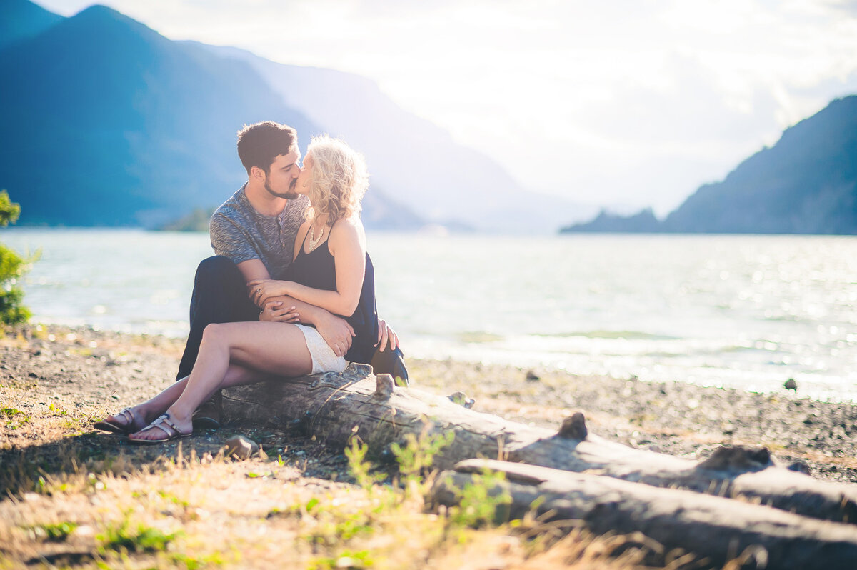 engaged couple sitting on log