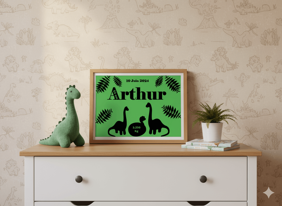 Cadre de naissance vert décoré de silhouettes de dinosaures et de feuilles tropicales, posé sur une commode en bois dans une chambre d’enfant aux motifs de dinosaures. Le cadre affiche un prénom et des informations de naissance.