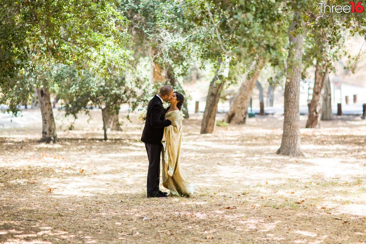 Bride and Groom share a tender kiss amongst the trees outside the Old Orange County Courthouse
