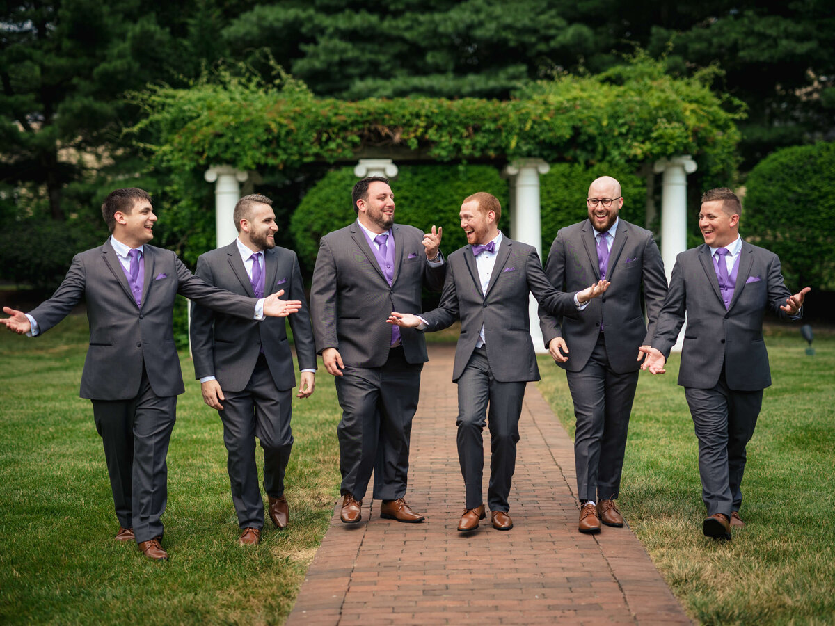 Charcoal Gray Groomsmen Suit & Purple Tie