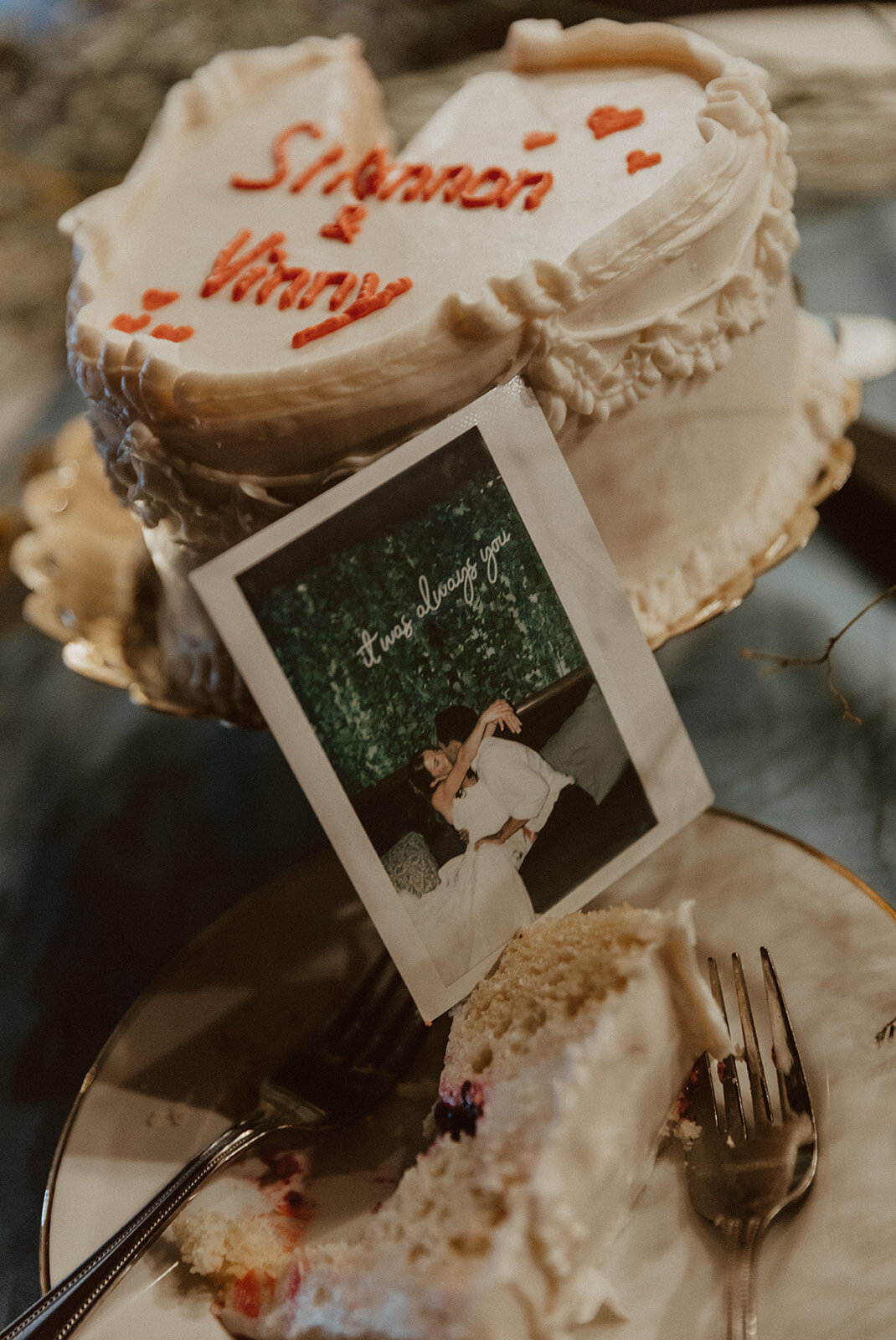 polaroid photos with vintage heart cake