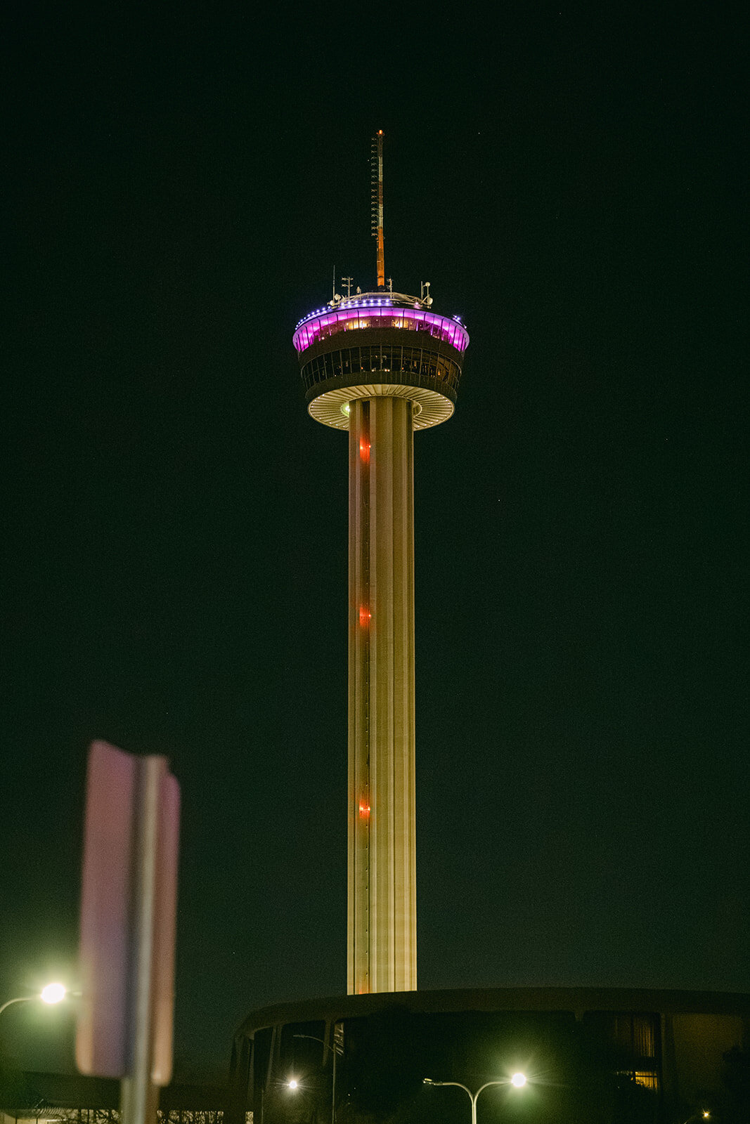 Iconic view of San Antonio’s Tower of the Americas lit up during wedding after party near downtown