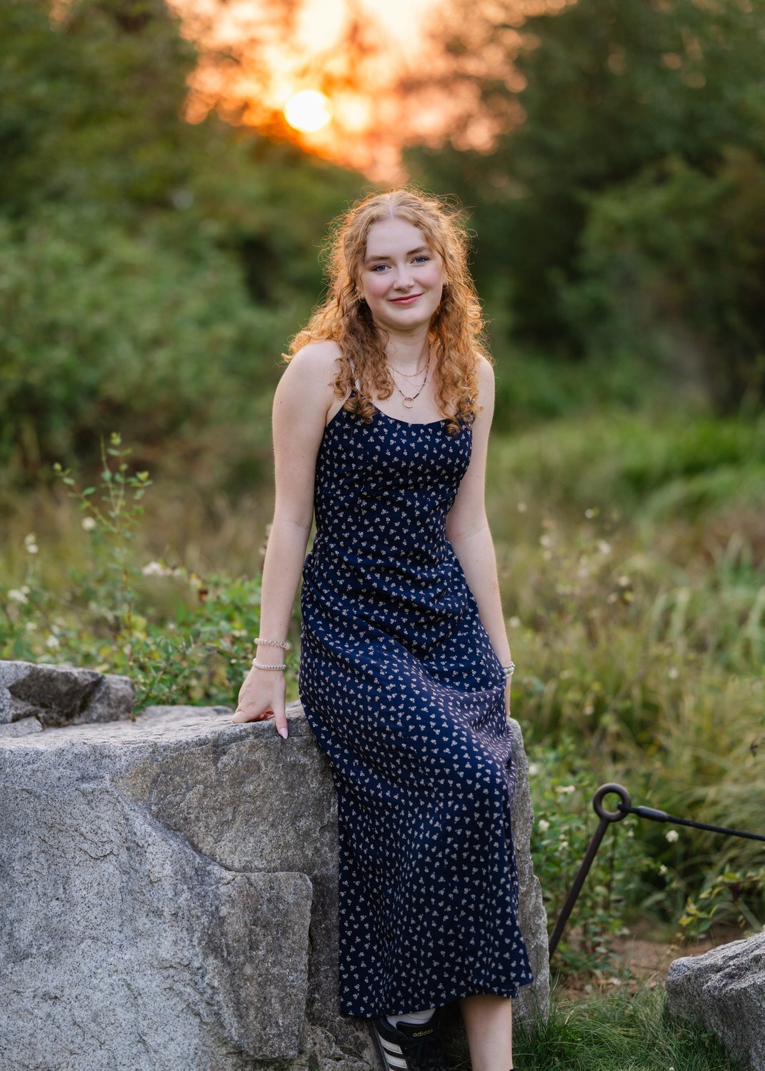 bellevue botanical park senior girl in dress at sunset