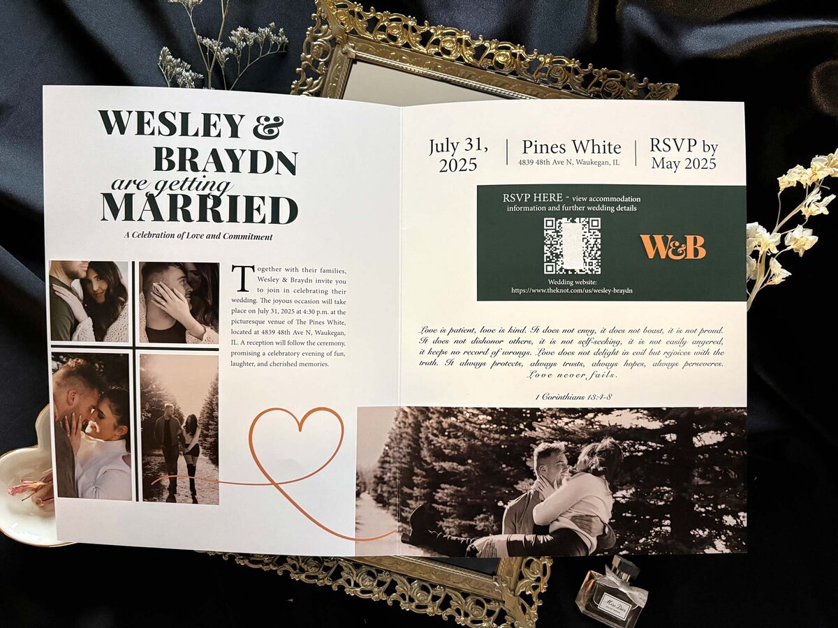 Inside pages of magazine theme christian wedding invitation with scripture verse and engagement photos