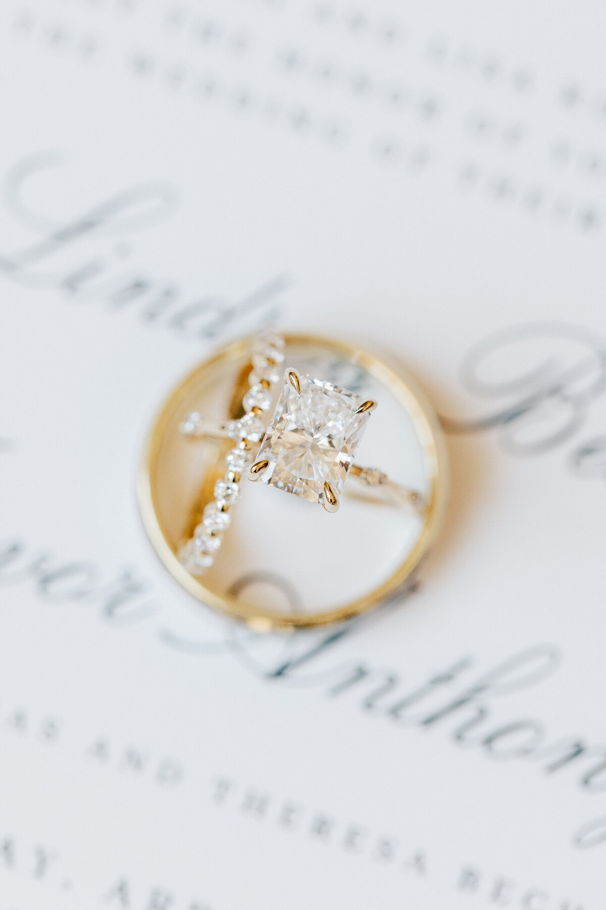 Diamond engagement ring on gold band, shot in detail at a Cancun wedding by a Philadelphia-based destination photographer.