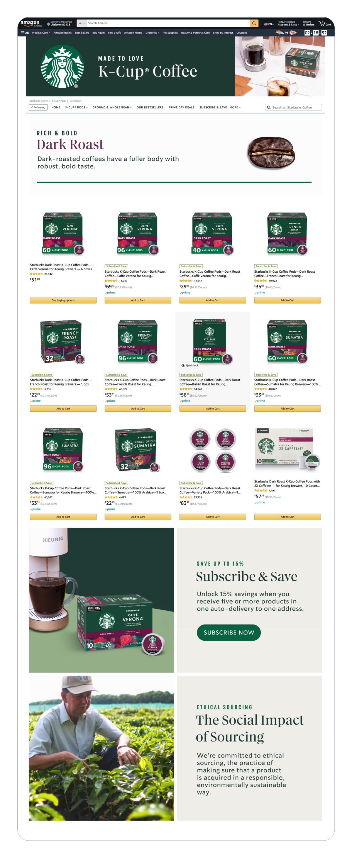 Starbucks Amazon K-Cup Coffee Page