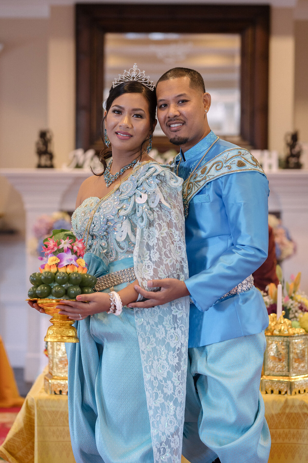 Blue tradition Khmer wedding outfit | Khmer Wedding Photography in Jacksonville | Traditional Cambodian Weddings