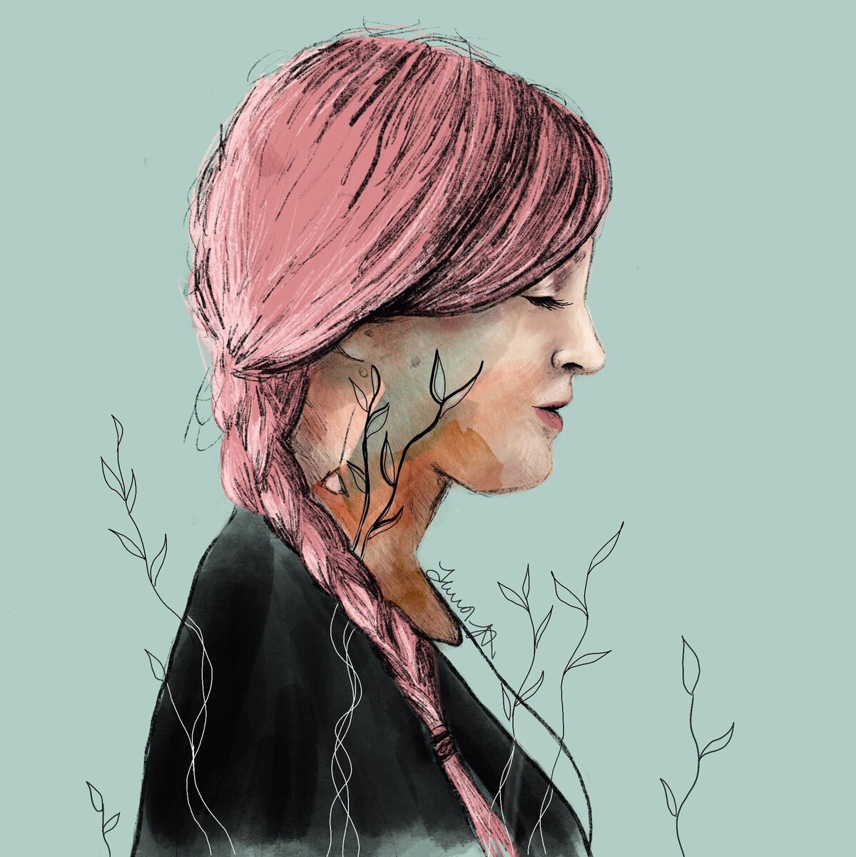 portrait digital painting with texture and nature teal