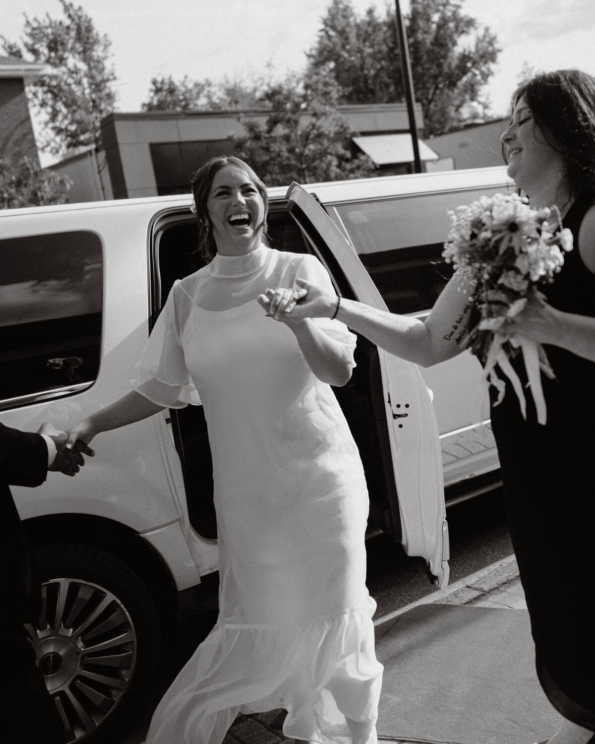 limo unveils beautiful bride happy to be at her wedding