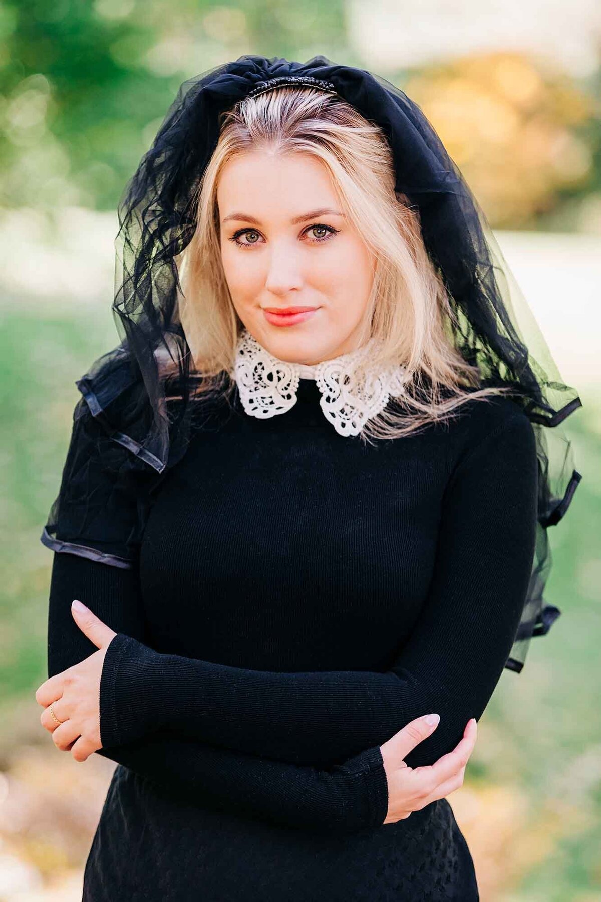 Montana model wearing black dress and veil, Daly Mansion, Hamilton, MT