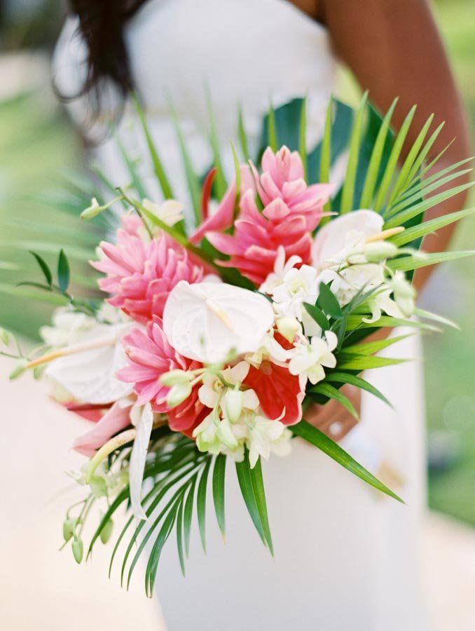 Pink White Green Tropical Wedding Bouquet Destination Wedding © Bonnie Sen Photography