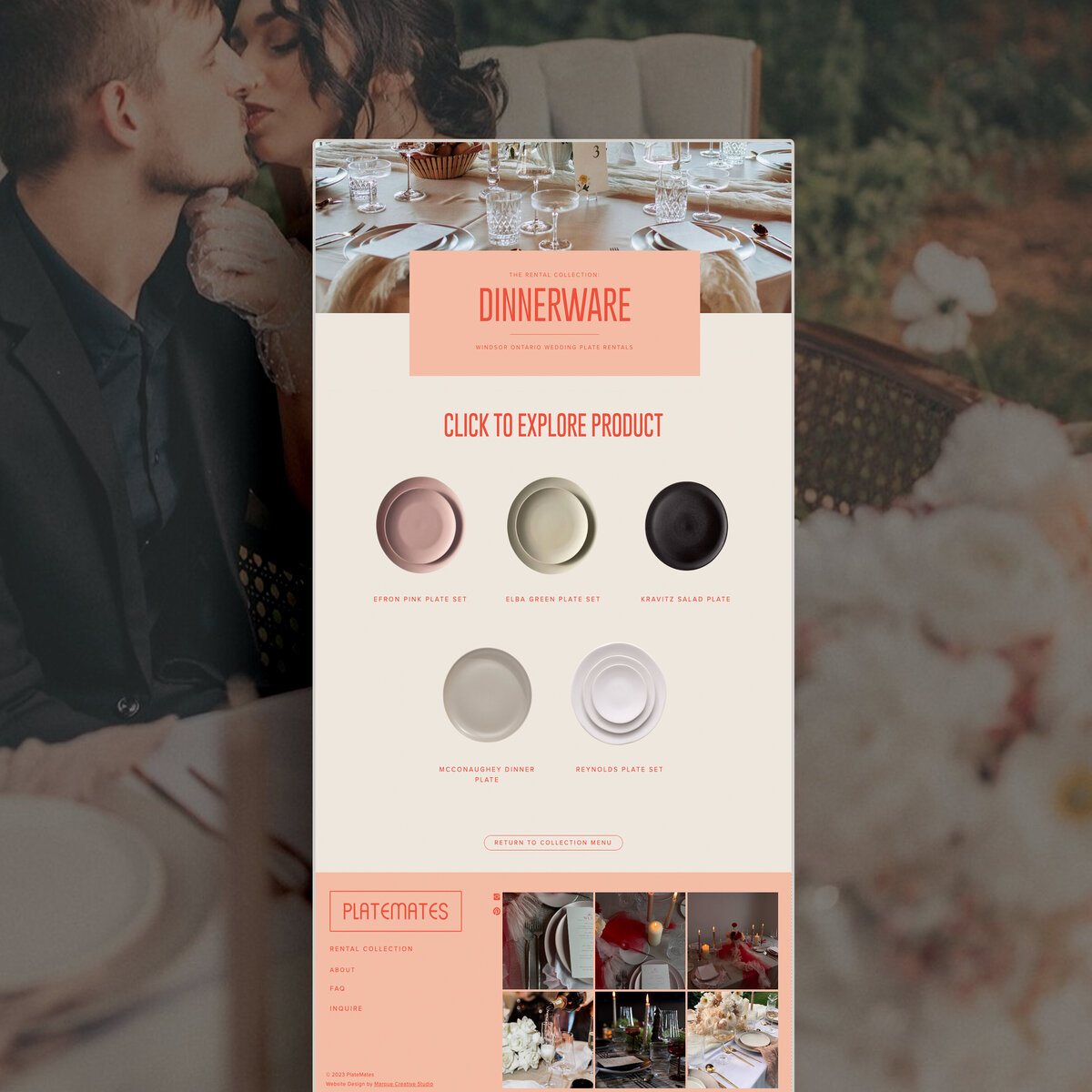 Image features styled screenshot of a custom wedding rental website designed in Showit. Image features the Platemates Product page in Windsor, Ontario. Website designed by Marque Creative Studio, Showit website designer.