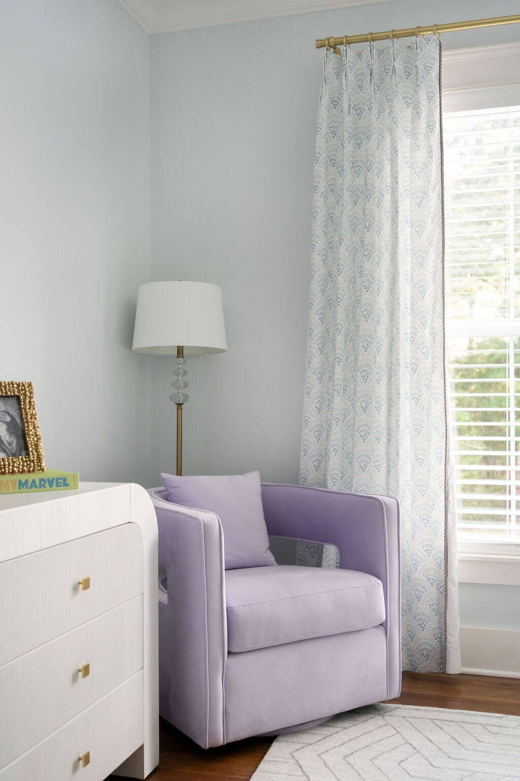 sweet southern home craftsman cutie lilac armchair in bedroom