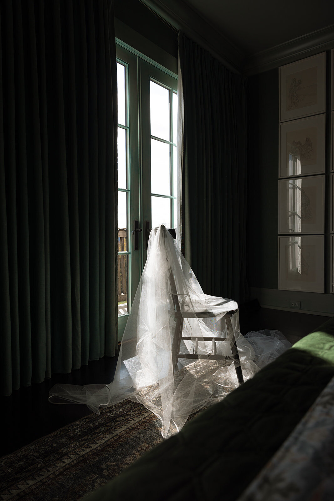 Veil drooped dramatically over chair bathed in natural sunlight at Trinity View Farms in Franklin, TN. 
