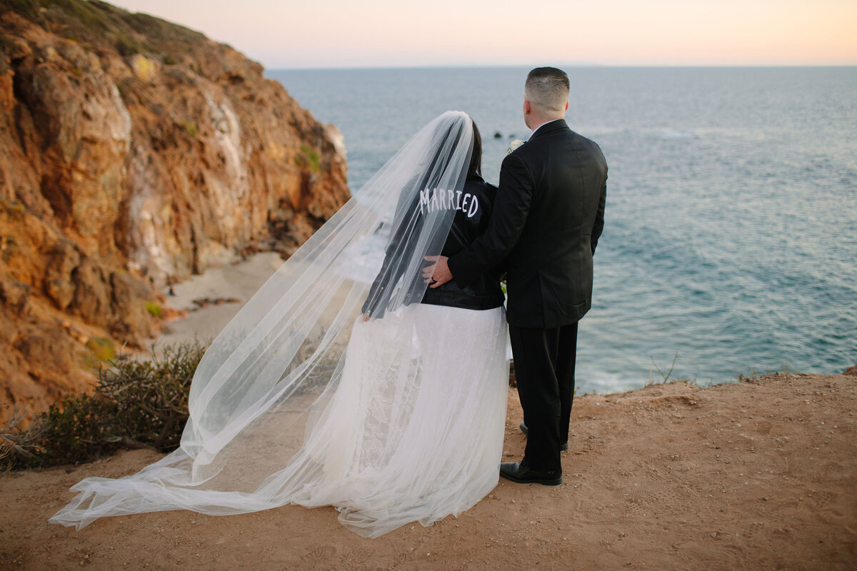 bride and groom look out into the ocean from a cliffside