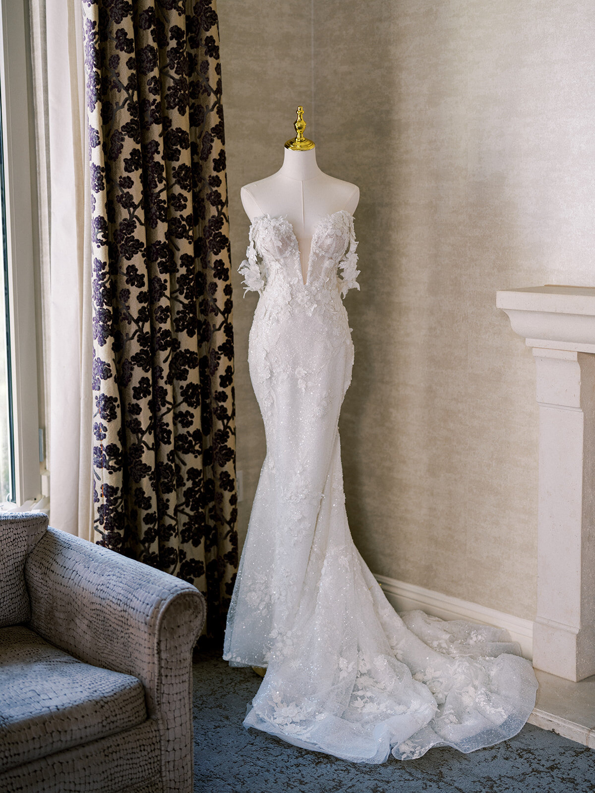 Designer, wedding gown, staged on mannequin at allegretto resort and spa in Paso Robles by luxury wedding photography Leana Myra