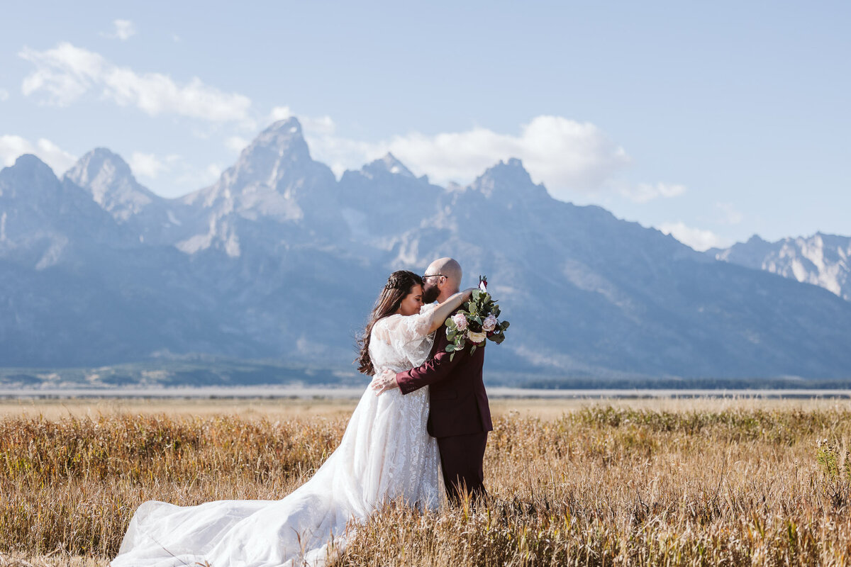 a couple right after they were married at Mormon Row at the grand teton national park