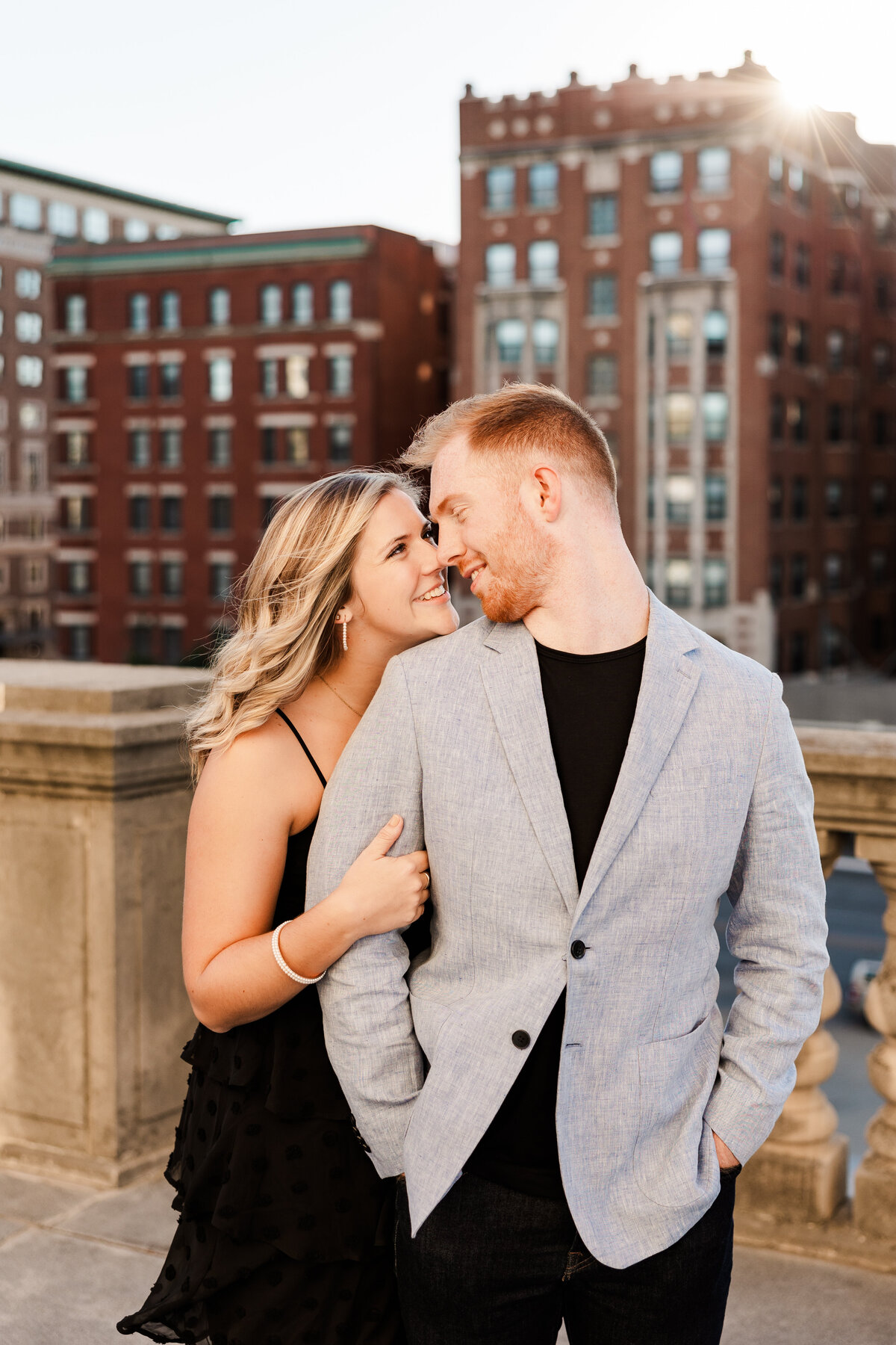 Couple on rooftop at Indiana Warm Memorial in Indianapolis