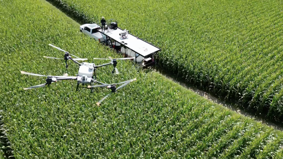 Raven 6 Rising flying the DJI Agras T-40  while applying fungicide over corn fields