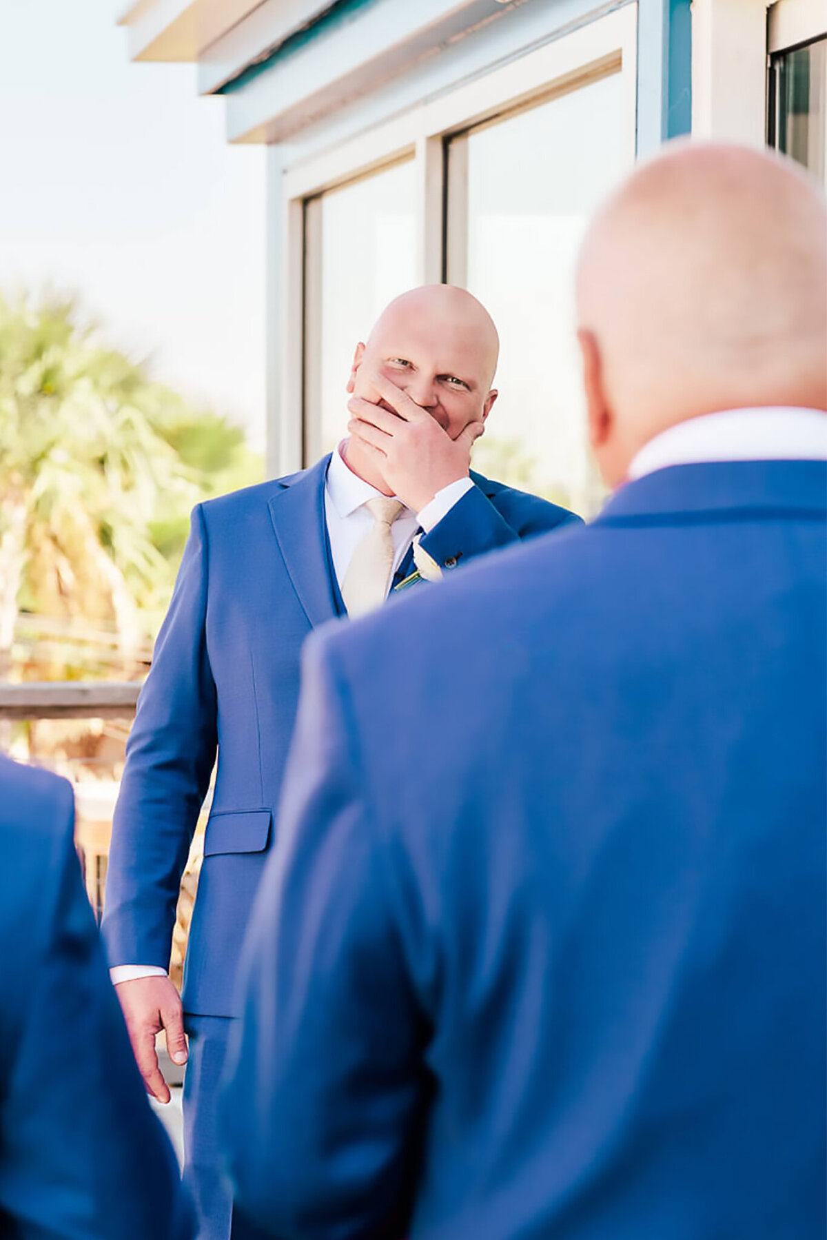 The-Gulf-Florida-Wedding-Photos-Video-Film-Megan-Chase-Faux-Groom-First-Look-Groomsmen-Suprise-Head-Shaving-Reveal