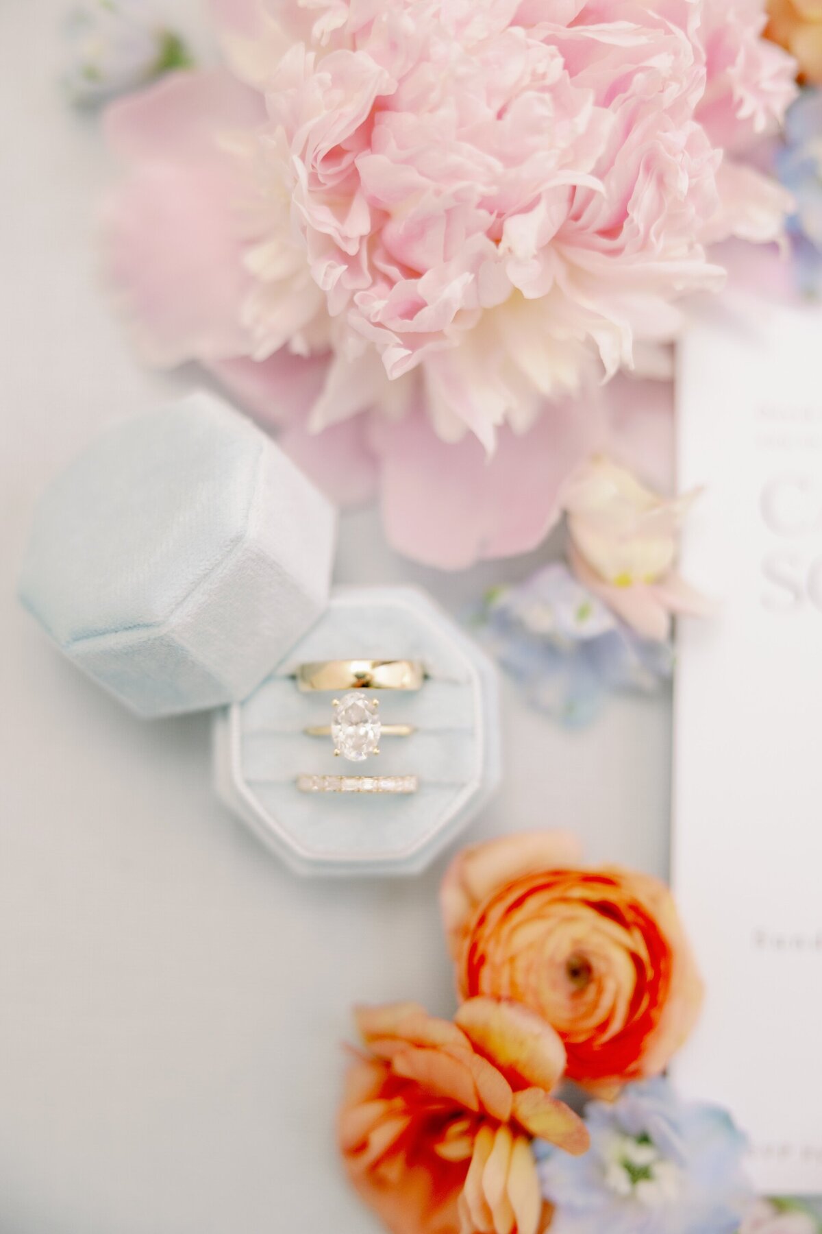 wedding rings in a blue ring box