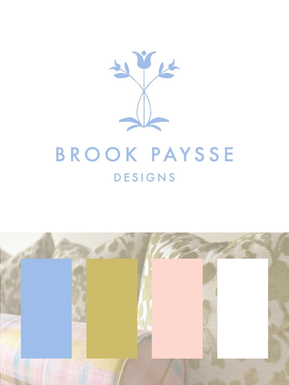 Brook Paysse Designs logo displayed above a color palette featuring coastal blue, green, blush pink, and white, over a patterned fabric background.
