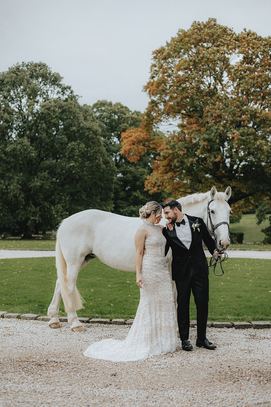 Bride looking at groom holding the reigns of a white horse