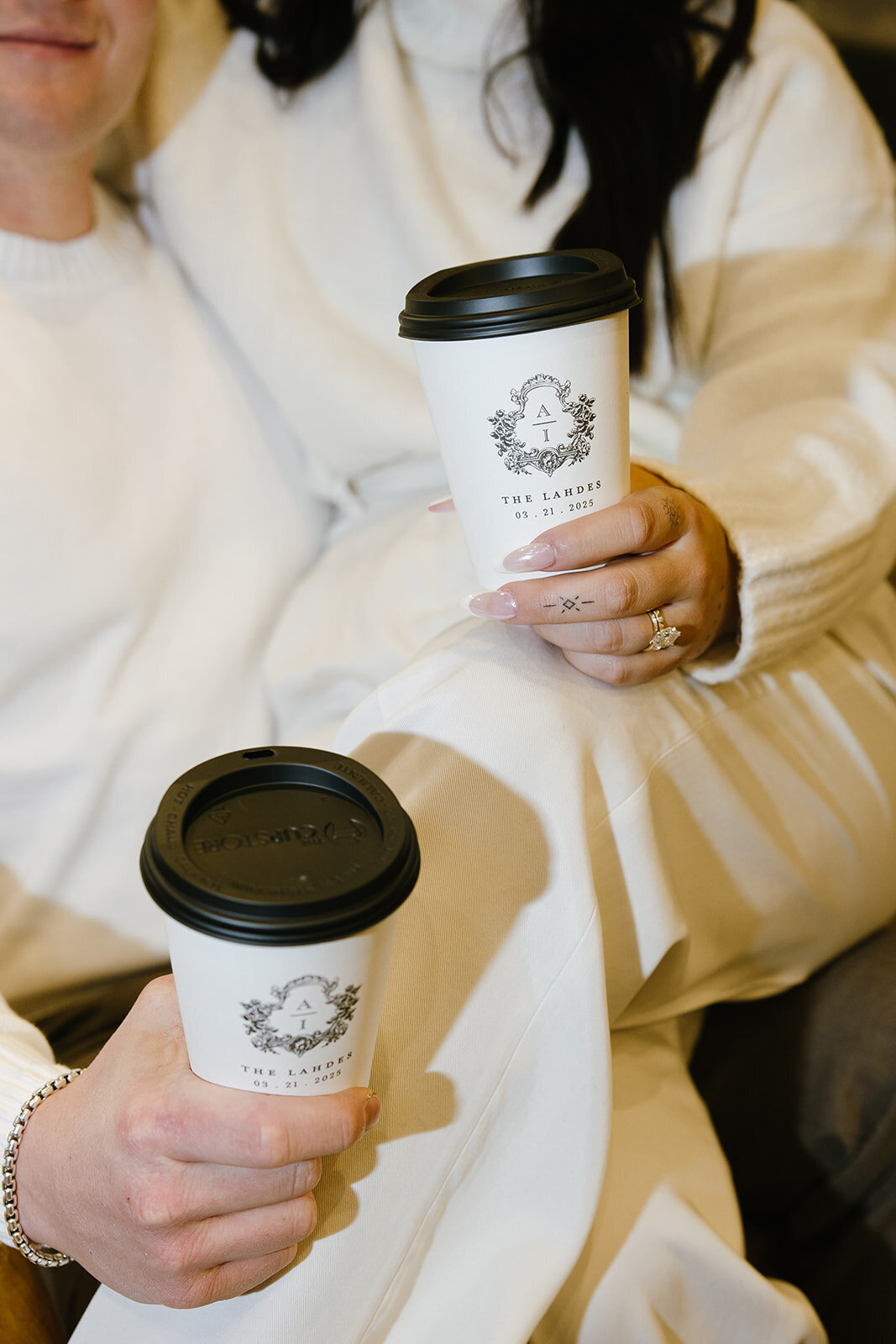 Custom Coffee Cups with Traditional Monogram, Couples' Names and Wedding Date