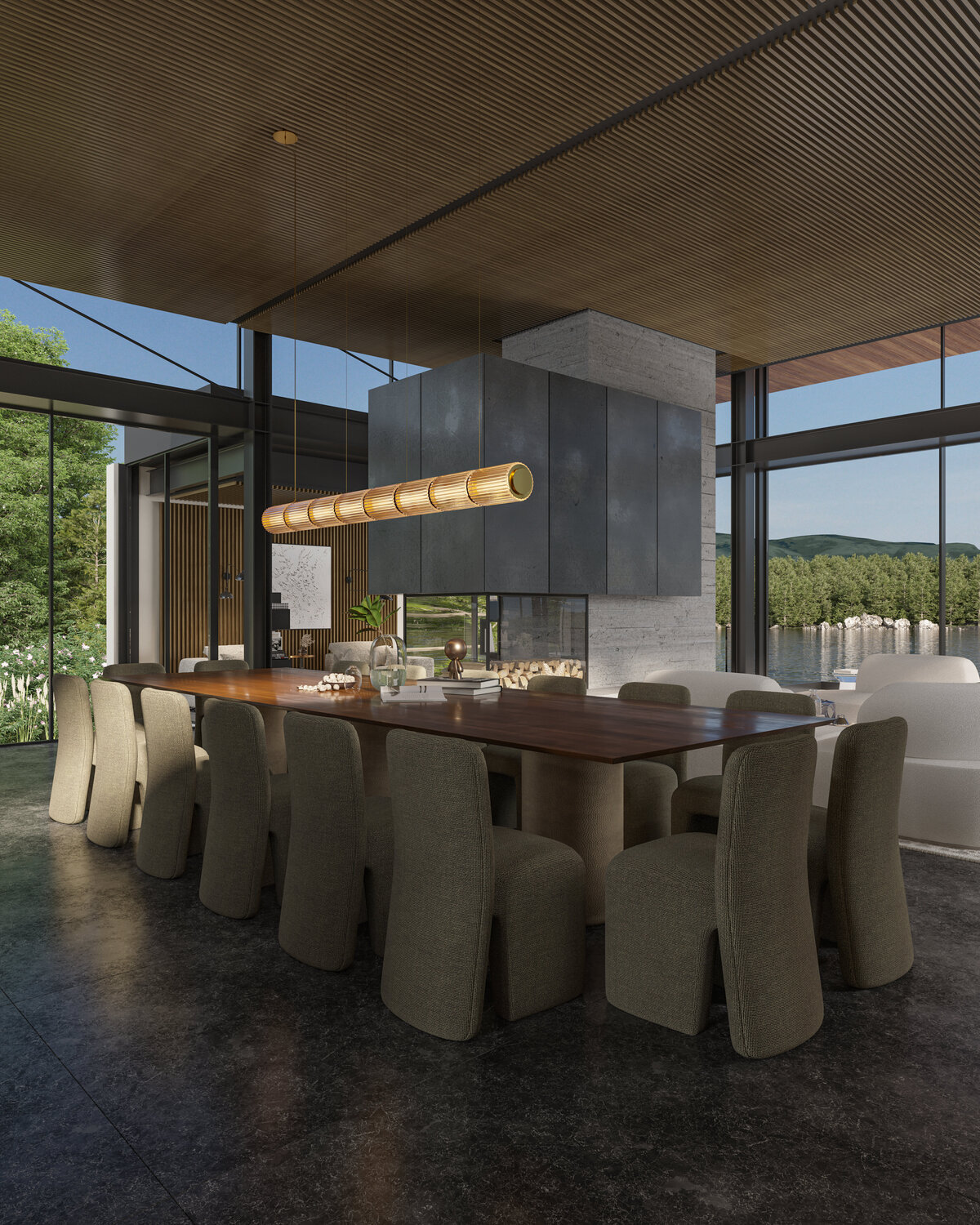 Dining room with organic dining table and fabric chairs