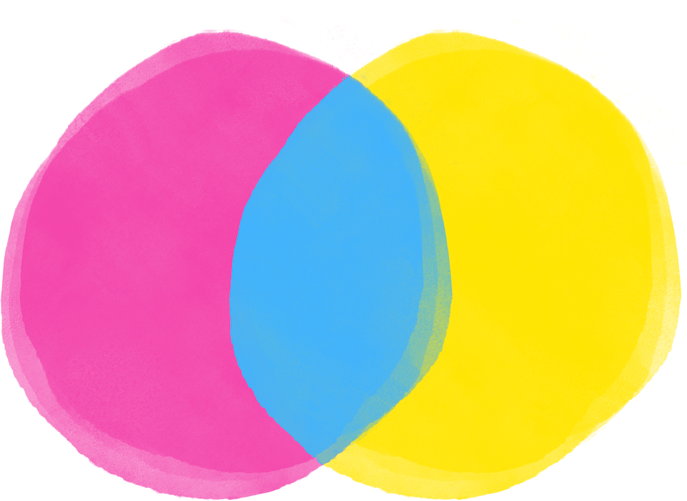 Blue and pink Venn Diagram. The left circle says "Your story." The Right circle says "Their Story." The overlapping area has a star.