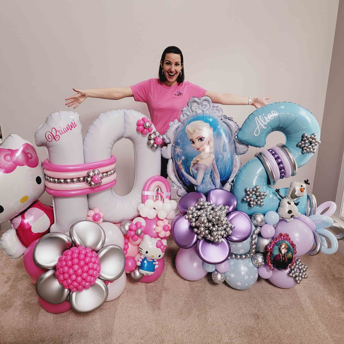 Your girl's celebration with Premium Balloon Bouquet featuring a delightful Blue and Pink Kitty and Frozen theme. The enchantment of expertly crafted balloon artistry, creating a memorable and magical atmosphere.