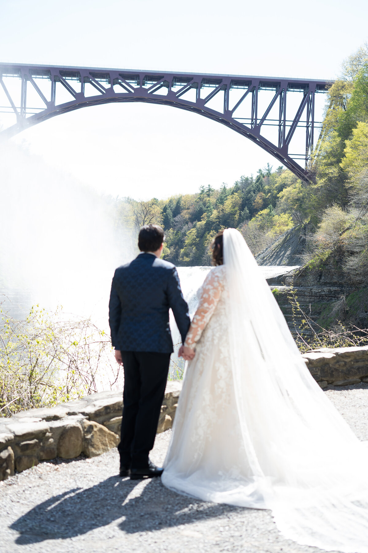 bride and groom first look at upper falls Letchworth State Park New York