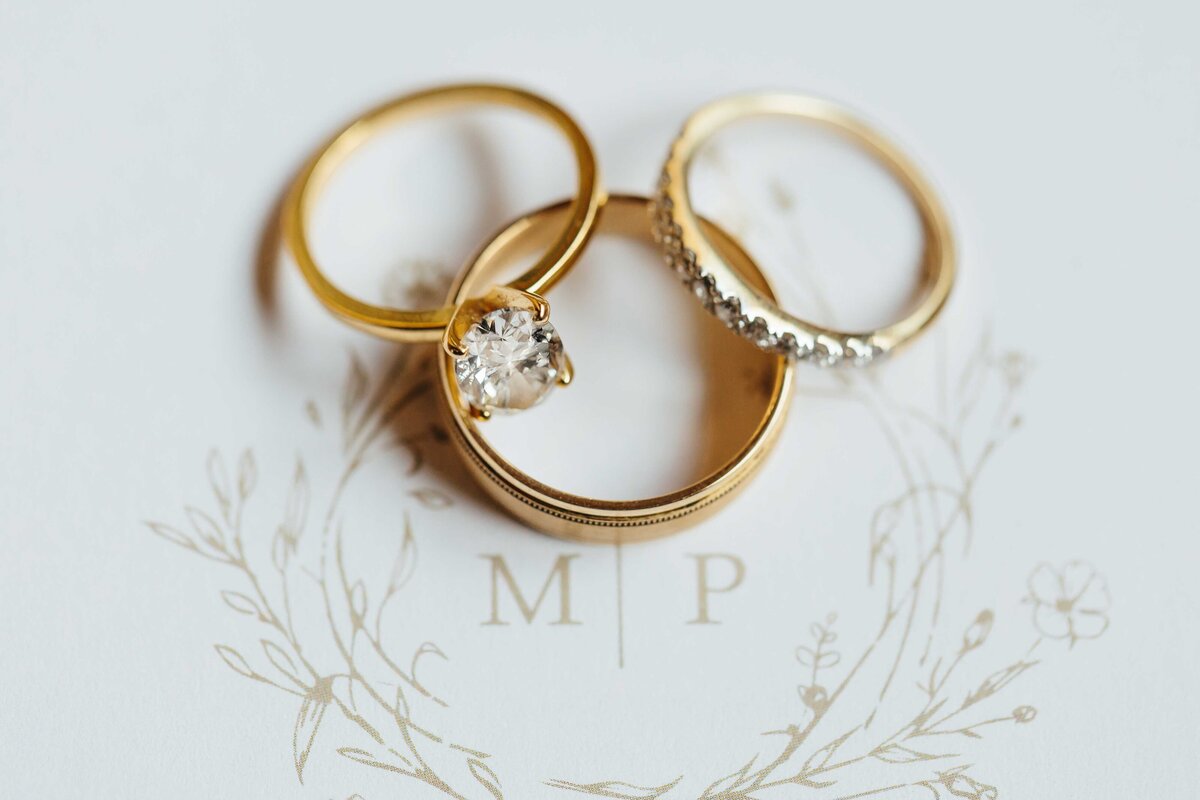 close up detail of bride and grooms wedding bands sitting on invitation at crooked river wedding venue