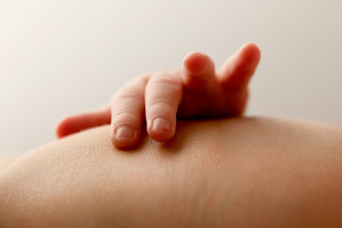 Close up macro detail photo of newborn baby hand during photo session with newborn photographer angelia jansen of one good shot photography