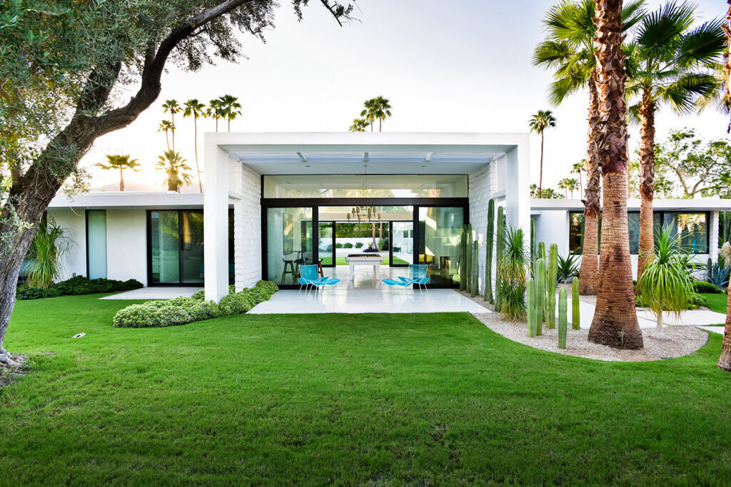 Outdoor looking towards midcentury modern living area designed by William Krisel