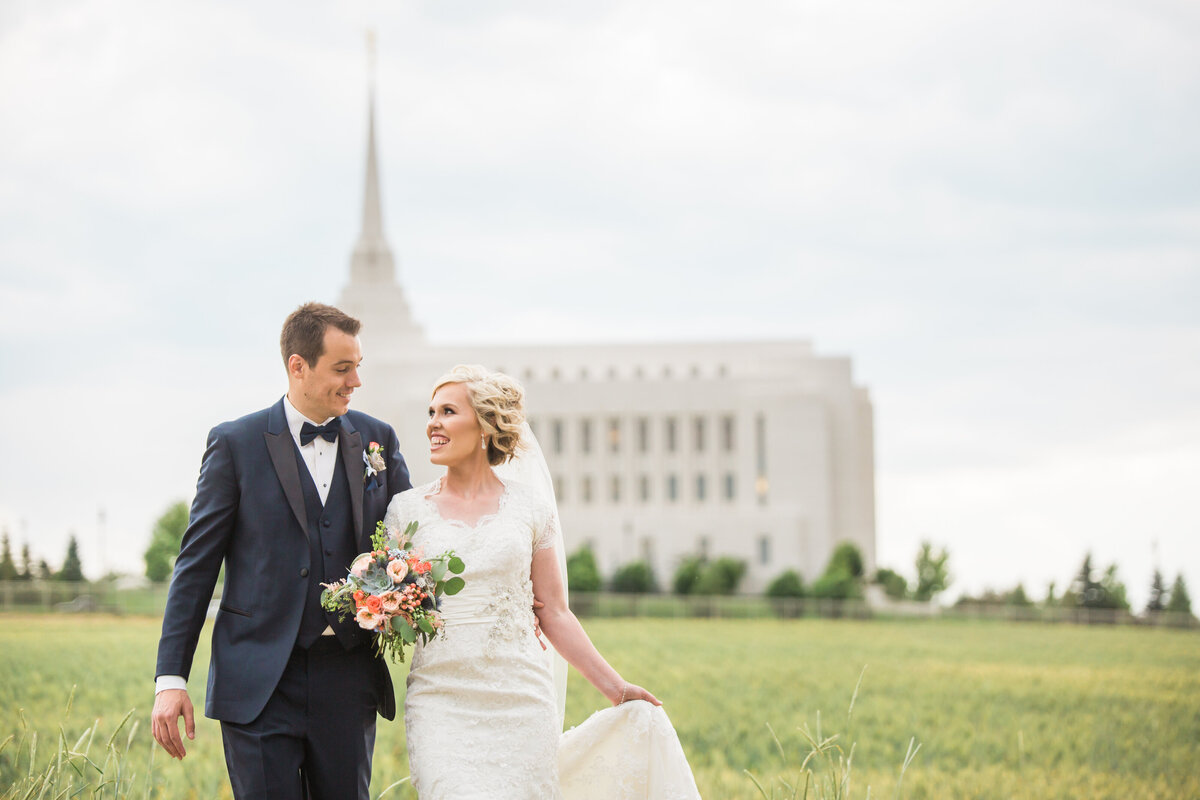 LDS temple BYUI gardens wedding couple