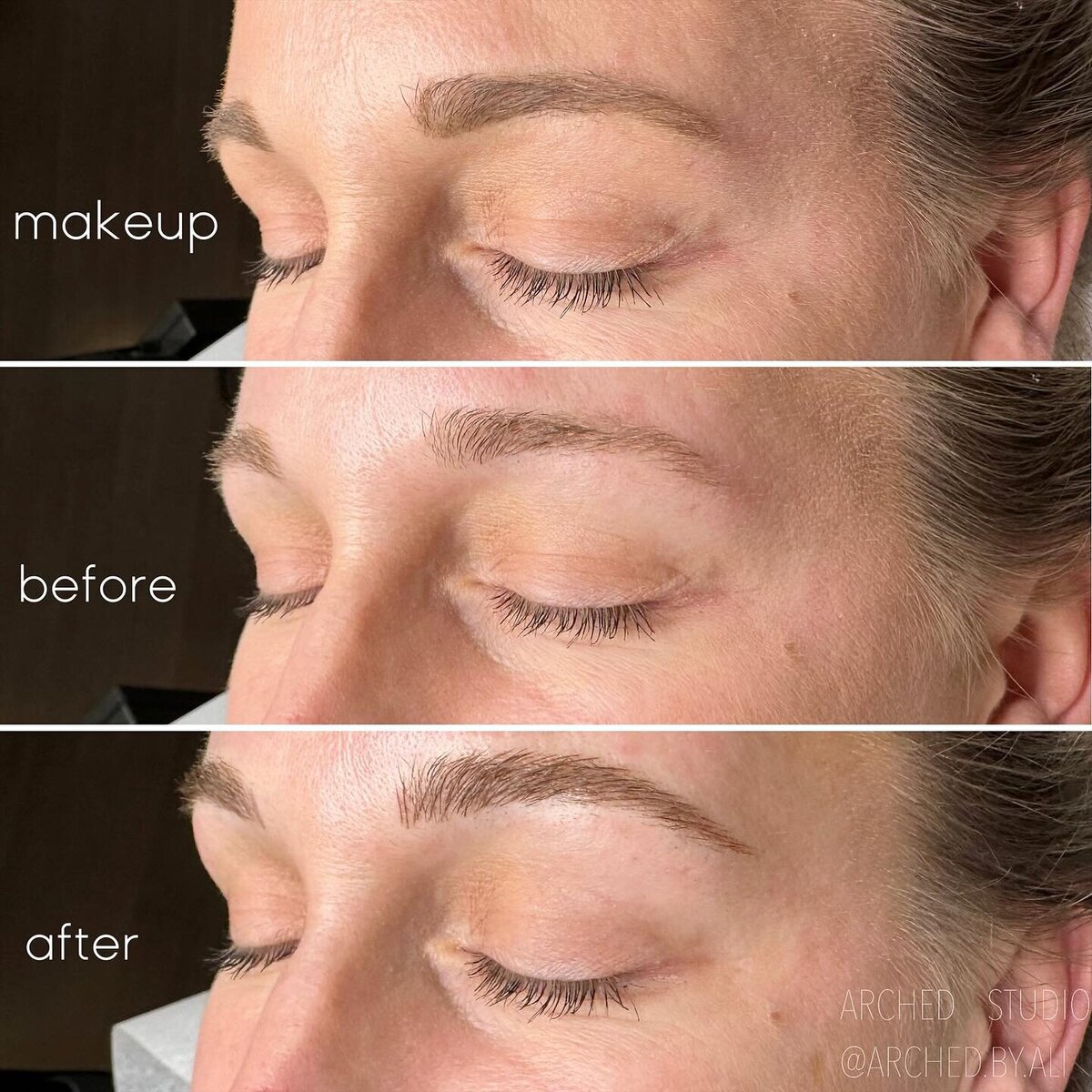 Female enhanced eyebrows that look naturally fluffy, through nicroblading services at ARCHED Coastal in Gulf Shores, Alabama.