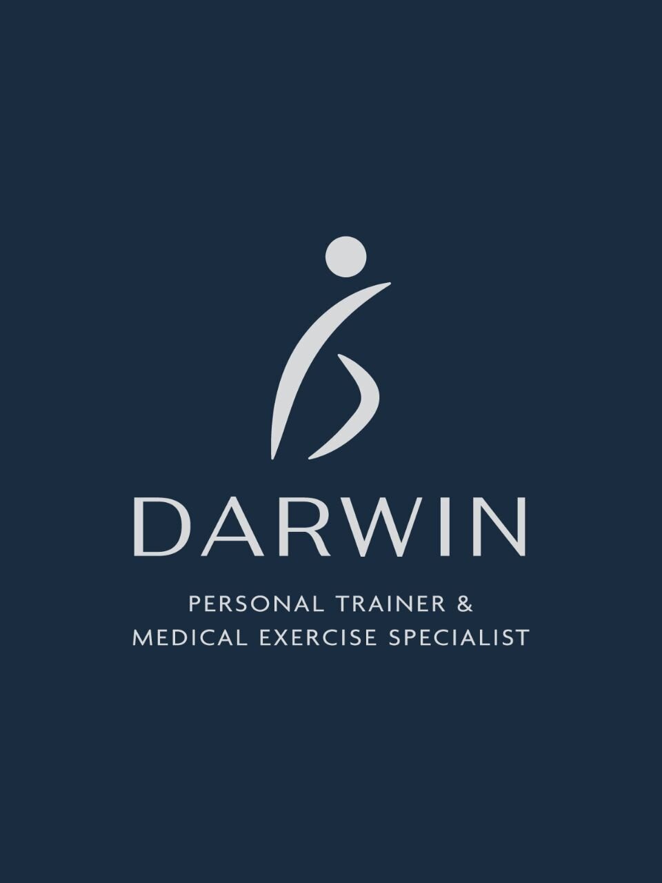 Modern logo for Darwin featuring a stylized figure in motion above the name “Darwin” with the tagline “Personal Trainer & Medical Exercise Specialist” on a navy blue background.