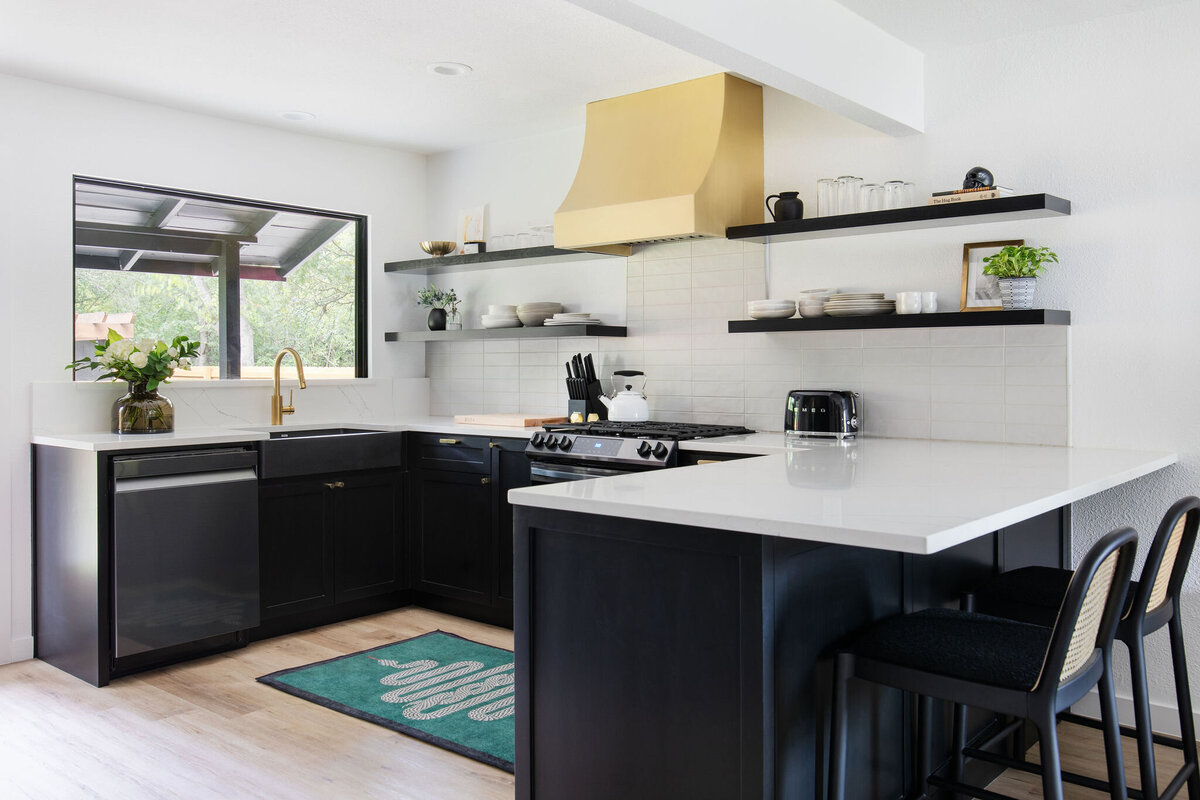 modern chic posh kitchen black and brass remodel rental design 4