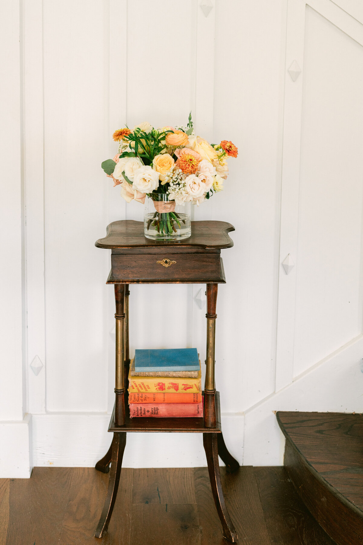 Bridal bouquet on a side table at Grand Lady Austin wedding venue