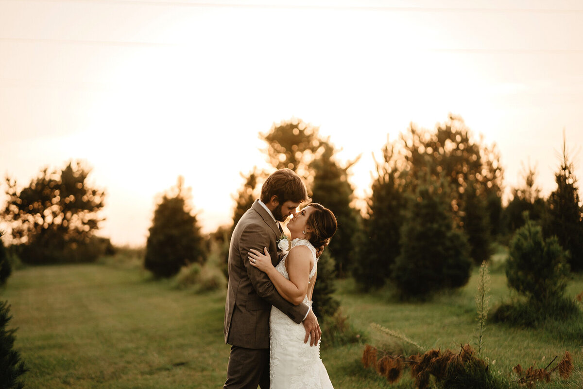 couple-kissing-sunset-pine-trees-iowa-storyteller-collective-photo-co
