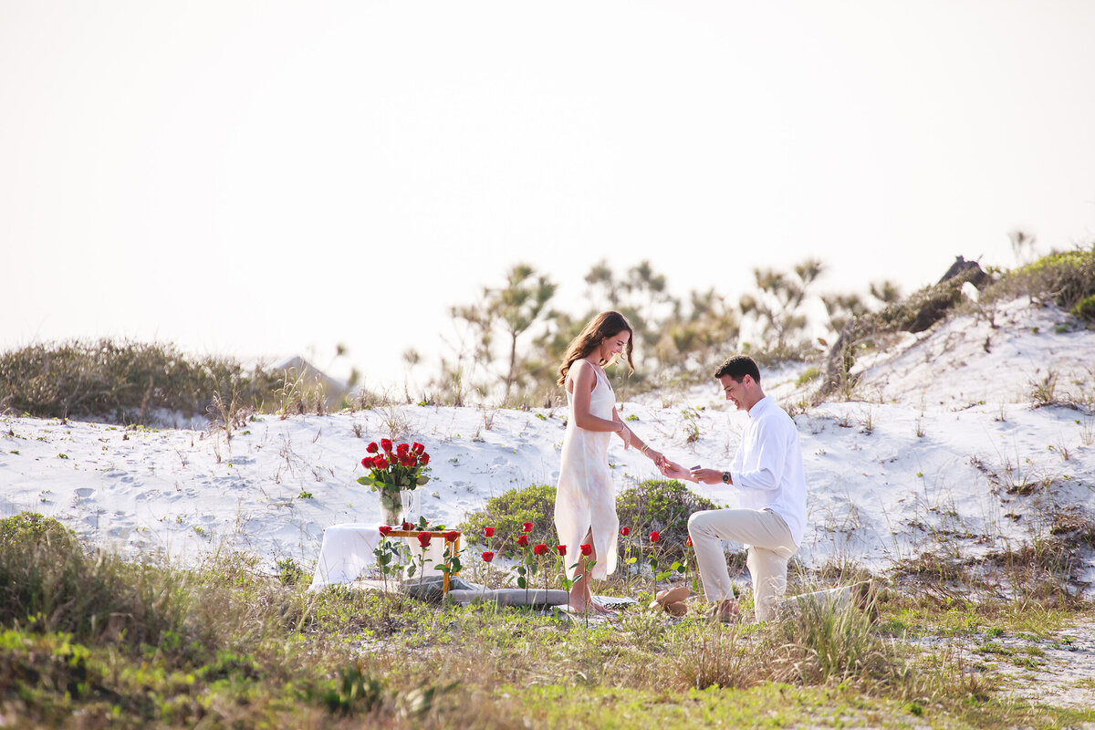 Decorated beach setup for a romantic proposal in Grayton Beach State Park on 30a.