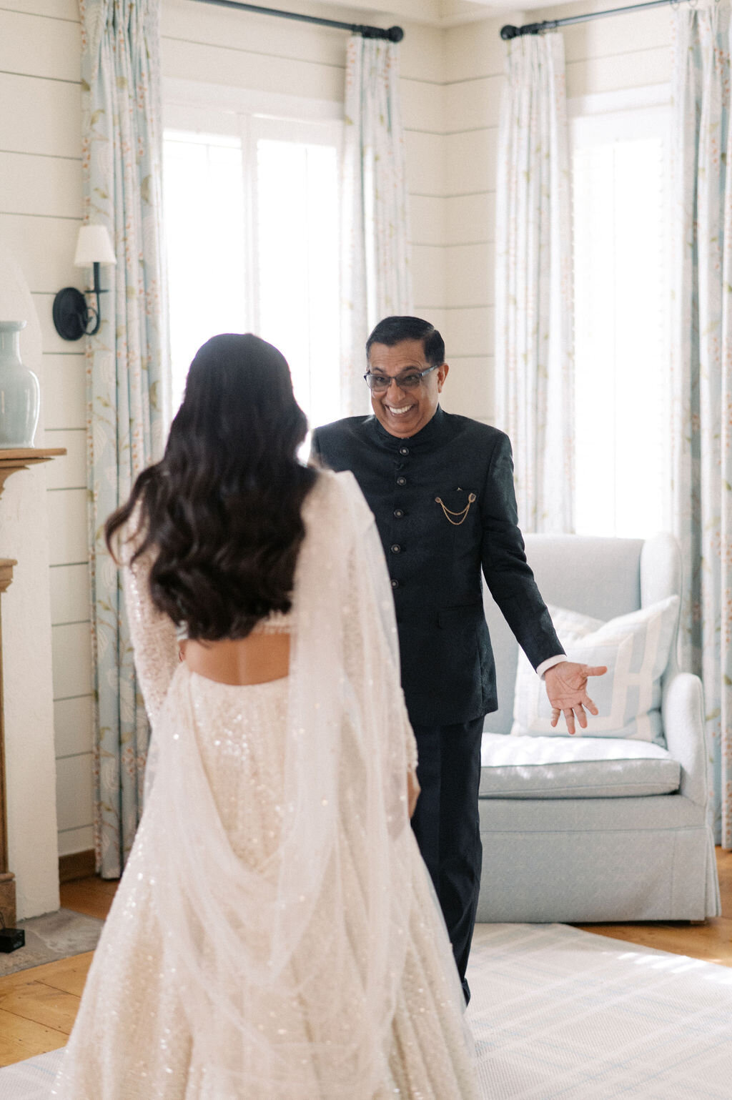 Bride and father share a first look together at Old Edwards Inn in Highlands, NC. 