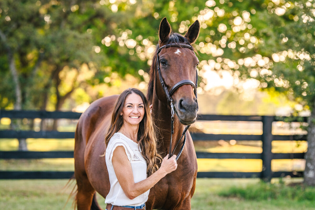 bay horse mare and rider golden light horse and rider session equine photography in texas